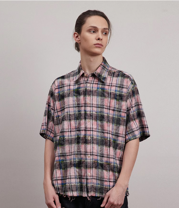Distressed raw edge faded washed Vintage dirty pink cotton plaid casual loose short-sleeved shirt