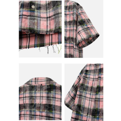 Distressed raw edge faded washed Vintage dirty pink cotton plaid casual loose short-sleeved shirt