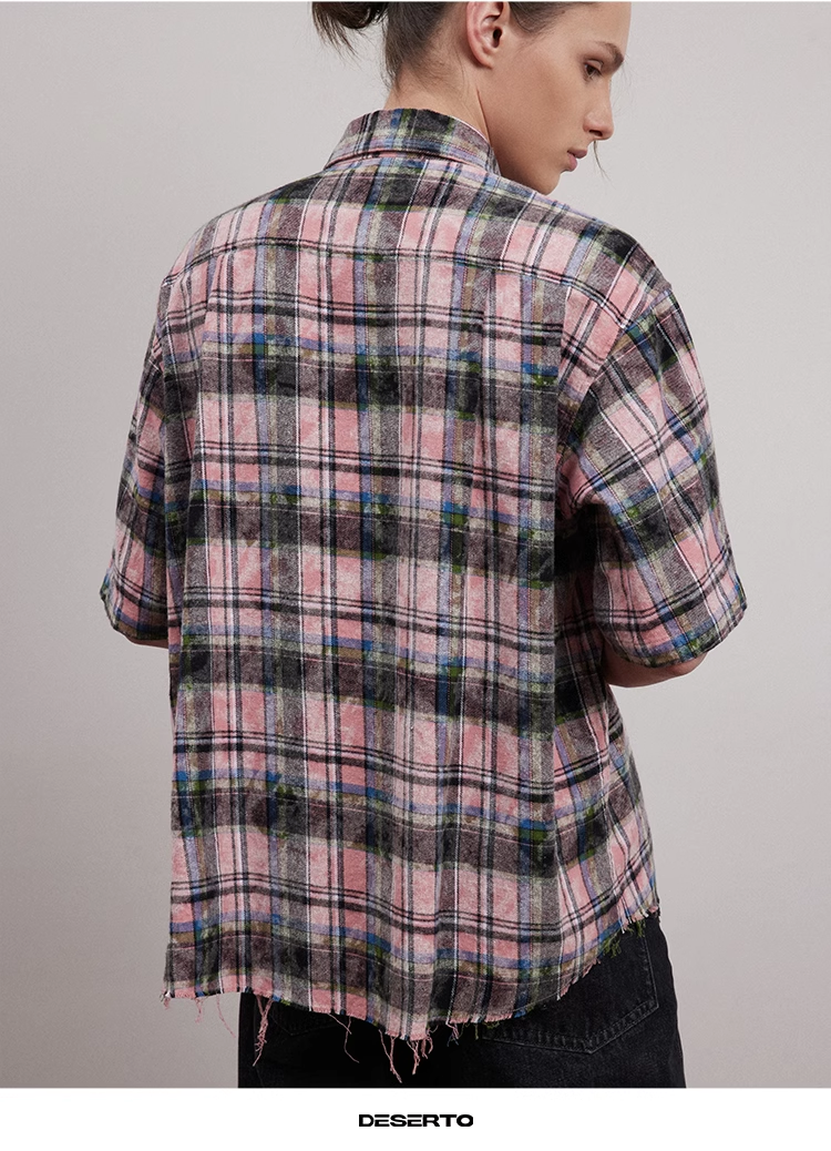 Distressed raw edge faded washed Vintage dirty pink cotton plaid casual loose short-sleeved shirt