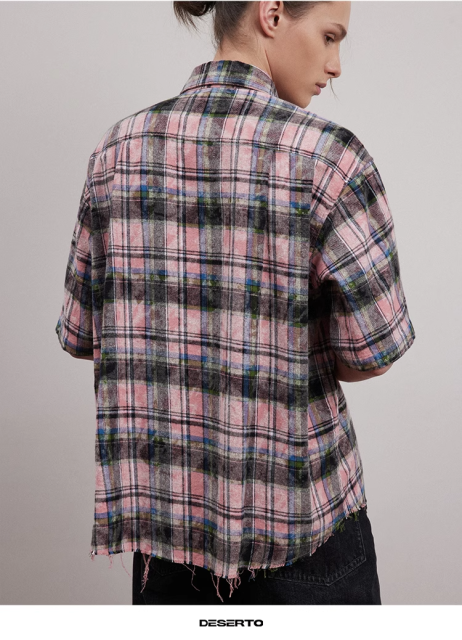 Distressed raw edge faded washed Vintage dirty pink cotton plaid casual loose short-sleeved shirt