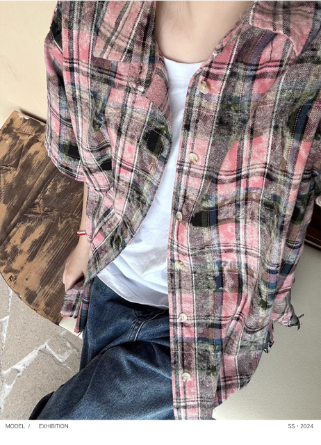 Distressed raw edge faded washed Vintage dirty pink cotton plaid casual loose short-sleeved shirt