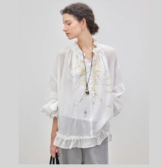 Heavy Industry Gypsophila_Anti-wrinkle ramie Tencel texture fairy ruffled rhinestone slightly see-through sun protection shirt