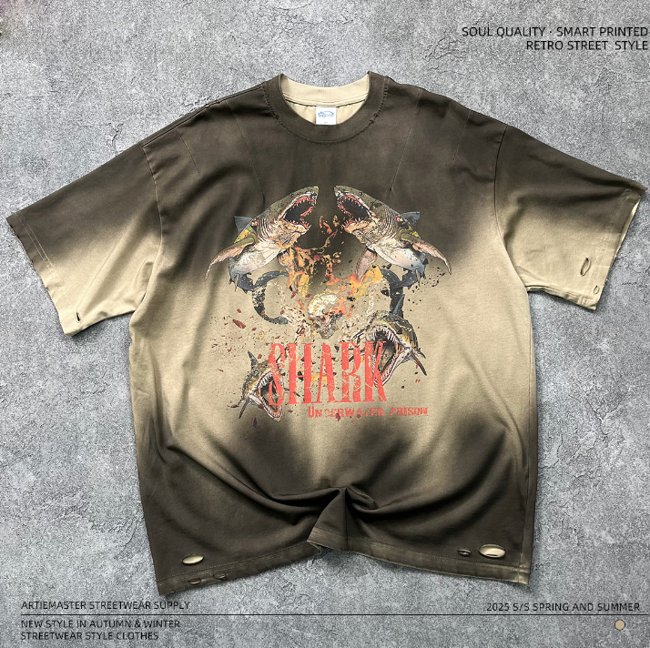 Streetwear trendy dark shark personalized printed T-shirt