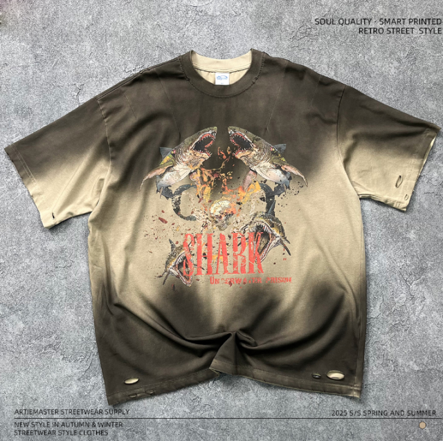 Streetwear trendy dark shark personalized printed T-shirt