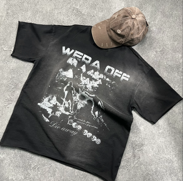 Distressed dark punk trend brand printed T-shirt with scattered edges