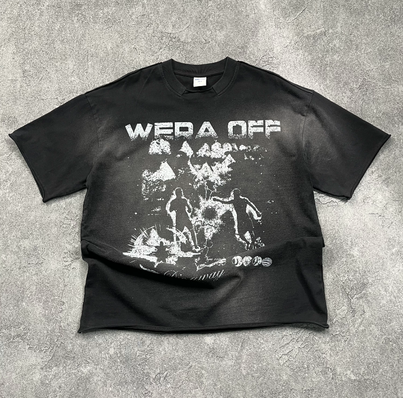 Distressed dark punk trend brand printed T-shirt with scattered edges