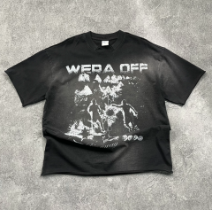 Distressed dark punk trend brand printed T-shirt with scattered edges