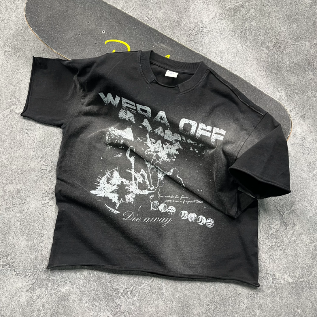 Distressed dark punk trend brand printed T-shirt with scattered edges