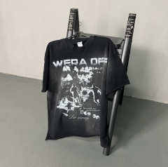 Distressed dark punk trend brand printed T-shirt with scattered edges