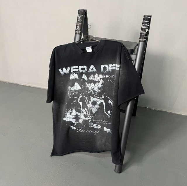 Distressed dark punk trend brand printed T-shirt with scattered edges