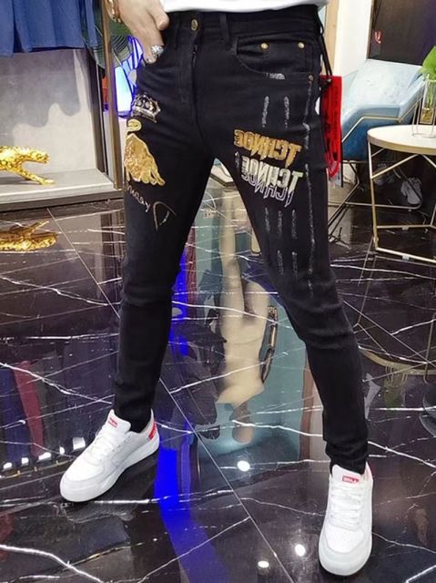 European jeans men's fashion brand big bull embroidery winter plus velvet trendy fashion hot diamond slim fit skinny pants