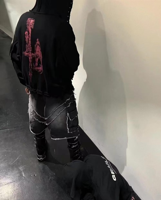 Star Moon Keel Devil Print Heavy keel print rivet distressed hooded  street style casual cardigan trendy hoodie