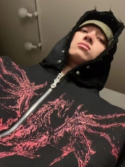 Star Moon Keel Devil Print Heavy keel print rivet distressed hooded  street style casual cardigan trendy hoodie