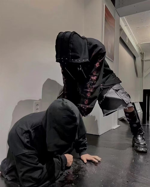 Star Moon Keel Devil Print Heavy keel print rivet distressed hooded  street style casual cardigan trendy hoodie