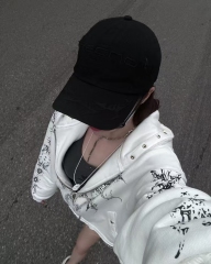 Star Moon Keel Devil Print Heavy keel print rivet distressed hooded  street style casual cardigan trendy hoodie