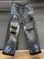 Street heavy washed distressed hand-painted graffiti destroyed trendy men's loose jeans printed straight