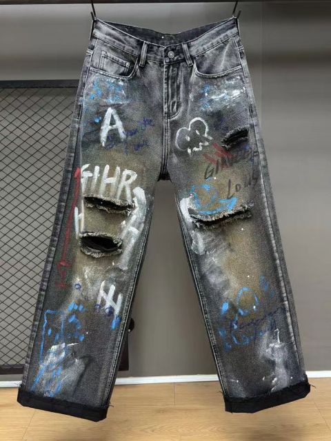 Street heavy washed distressed hand-painted graffiti destroyed trendy men's loose jeans printed straight