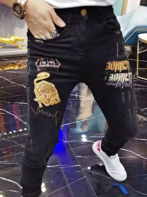 European jeans men's fashion brand big bull embroidery winter plus velvet trendy fashion hot diamond slim fit skinny pants