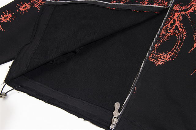 Star Moon Keel Devil Print Heavy keel print rivet distressed hooded  street style casual cardigan trendy hoodie