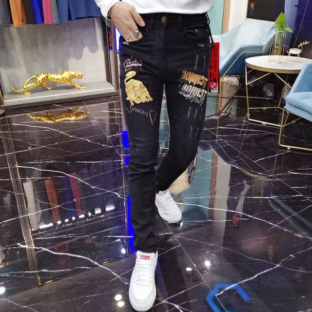 European jeans men's fashion brand big bull embroidery winter plus velvet trendy fashion hot diamond slim fit skinny pants