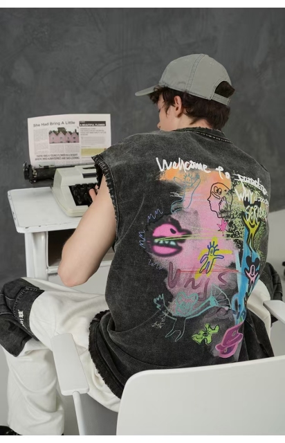 American style oversize washed vest men's trendy couple sleeveless T-shirt