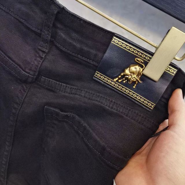 European jeans men's fashion brand big bull embroidery winter plus velvet trendy fashion hot diamond slim fit skinny pants