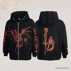 Star Moon Keel Devil Print Heavy keel print rivet distressed hooded  street style casual cardigan trendy hoodie