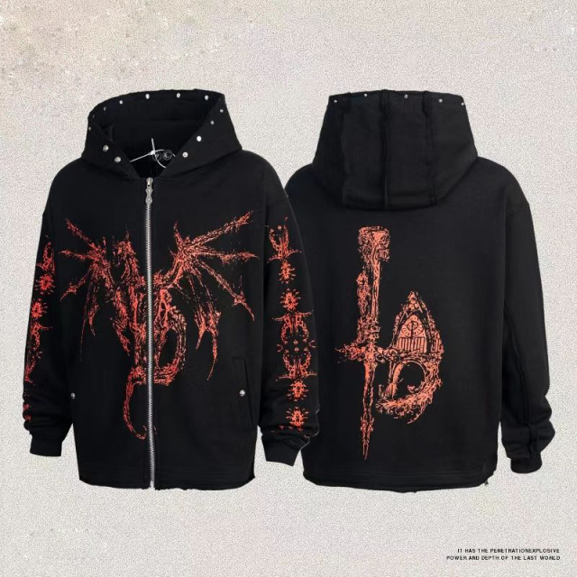 Star Moon Keel Devil Print Heavy keel print rivet distressed hooded  street style casual cardigan trendy hoodie
