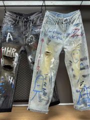 Street heavy washed distressed hand-painted graffiti destroyed trendy men's loose jeans printed straight