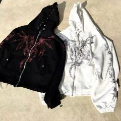 Star Moon Keel Devil Print Heavy keel print rivet distressed hooded  street style casual cardigan trendy hoodie