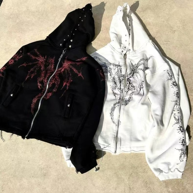 Star Moon Keel Devil Print Heavy keel print rivet distressed hooded  street style casual cardigan trendy hoodie