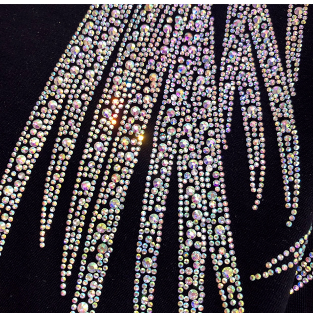 Super large size  heavy diamond feather wings short-sleeved T-shirt female black age-reducing all-match top trend