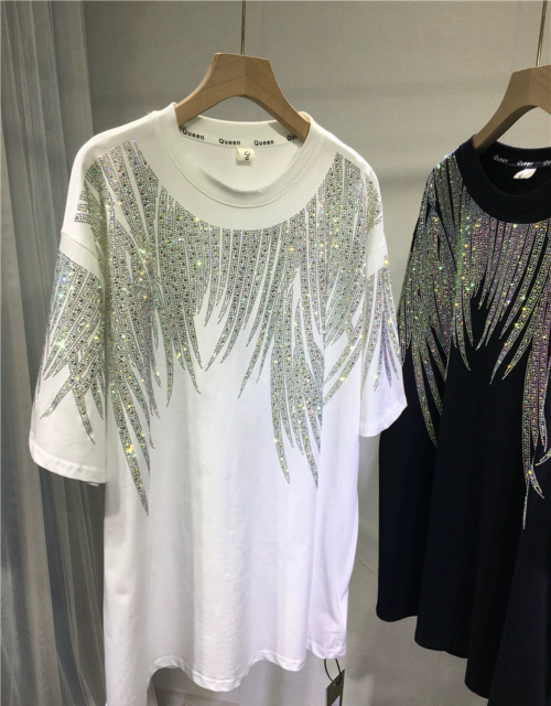 Super large size  heavy diamond feather wings short-sleeved T-shirt female black age-reducing all-match top trend