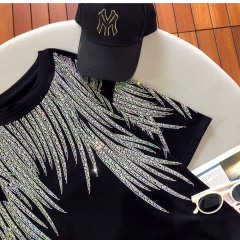 Super large size  heavy diamond feather wings short-sleeved T-shirt female black age-reducing all-match top trend