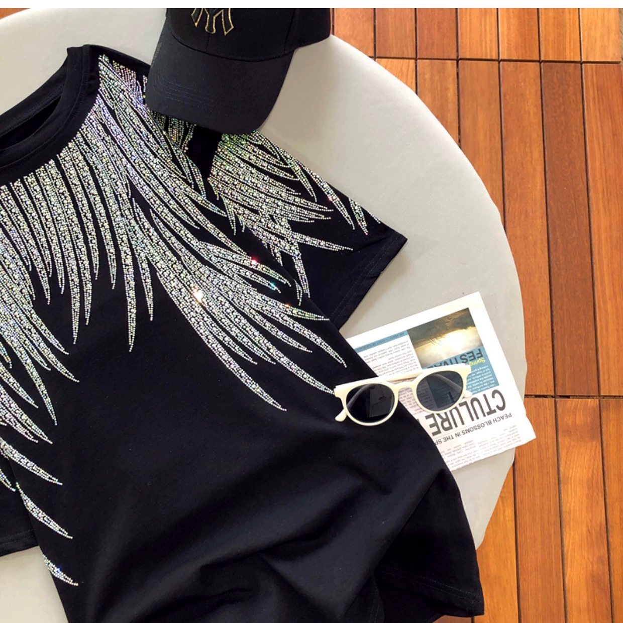 Super large size  heavy diamond feather wings short-sleeved T-shirt female black age-reducing all-match top trend