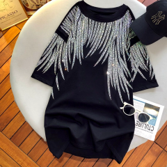 Super large size  heavy diamond feather wings short-sleeved T-shirt female black age-reducing all-match top trend