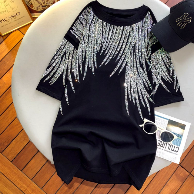 Super large size  heavy diamond feather wings short-sleeved T-shirt female black age-reducing all-match top trend