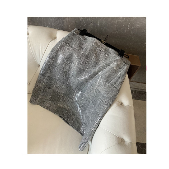 European goods heavy sequin plaid A-line skirt half-length skirt female temperament short skirt gray sequin skirt