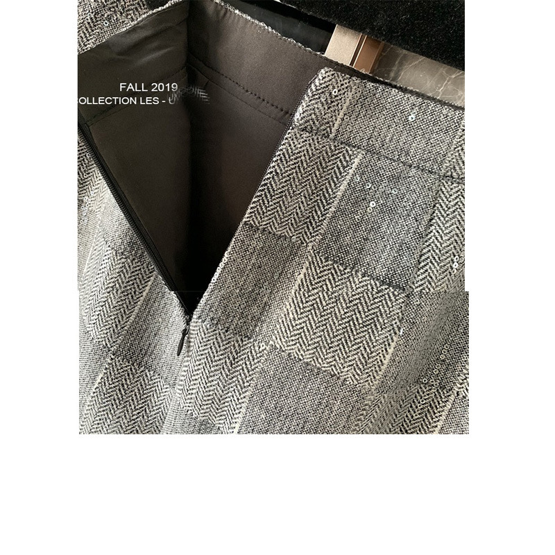 European goods heavy sequin plaid A-line skirt half-length skirt female temperament short skirt gray sequin skirt