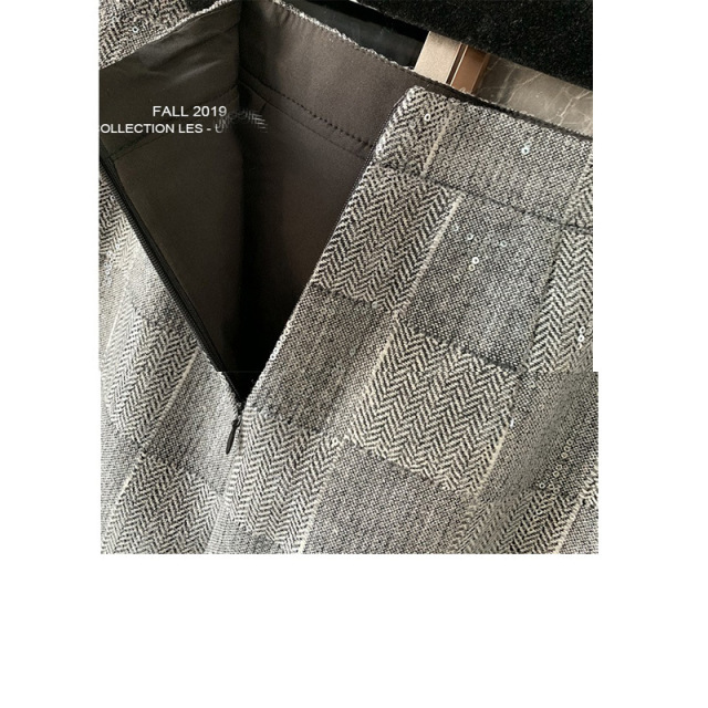 European goods heavy sequin plaid A-line skirt half-length skirt female temperament short skirt gray sequin skirt