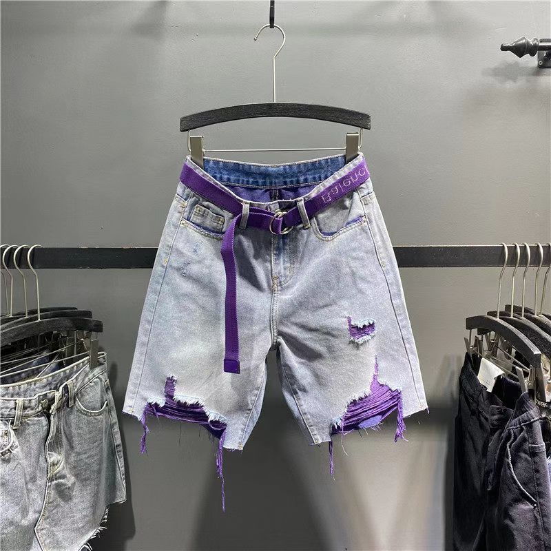 Europe Collection 2025 Summer New Trendy Colorful Distressed Ripped Jeans - Women's High-Waisted Slimming Wide-Leg Bermuda Shorts