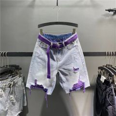 Europe Collection 2025 Summer New Trendy Colorful Distressed Ripped Jeans - Women's High-Waisted Slimming Wide-Leg Bermuda Shorts