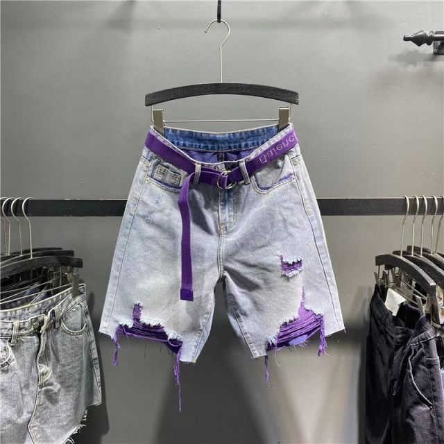 Europe Collection 2025 Summer New Trendy Colorful Distressed Ripped Jeans - Women's High-Waisted Slimming Wide-Leg Bermuda Shorts