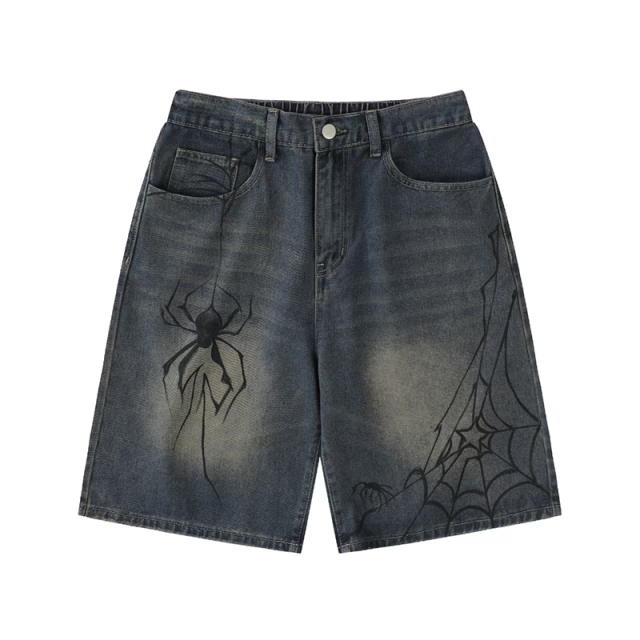 Trendy Men's Light Blue Vintage Washed Spider Print Denim Shorts - Relaxed Straight Fit
