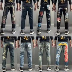 Morihida Deity Wash Jeans – Light Washed M-print Embroidered Patchwork Denim Pants for Men