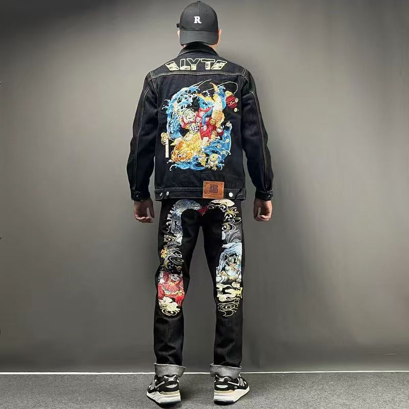 Morihida Deity Wash Jeans – Light Washed M-print Embroidered Patchwork Denim Pants for Men