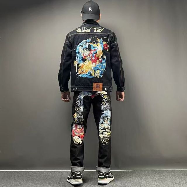 Morihida Deity Wash Jeans – Light Washed M-print Embroidered Patchwork Denim Pants for Men