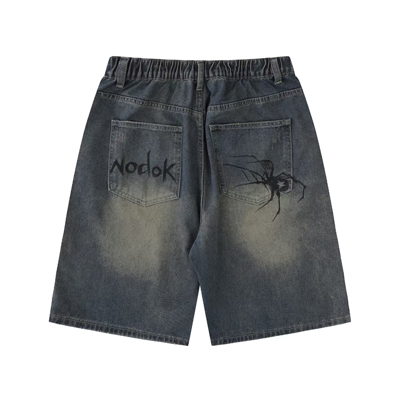 Trendy Men's Light Blue Vintage Washed Spider Print Denim Shorts - Relaxed Straight Fit
