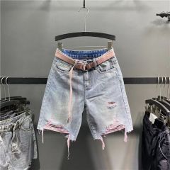 Europe Collection 2025 Summer New Trendy Colorful Distressed Ripped Jeans - Women's High-Waisted Slimming Wide-Leg Bermuda Shorts