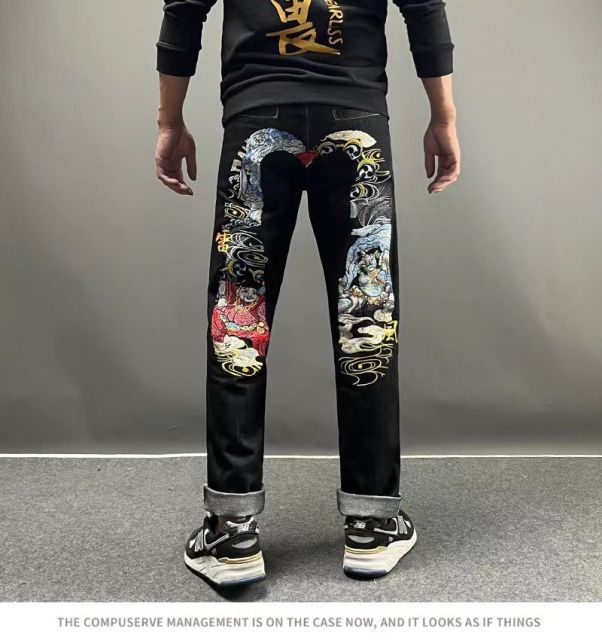 Morihida Deity Wash Jeans – Light Washed M-print Embroidered Patchwork Denim Pants for Men